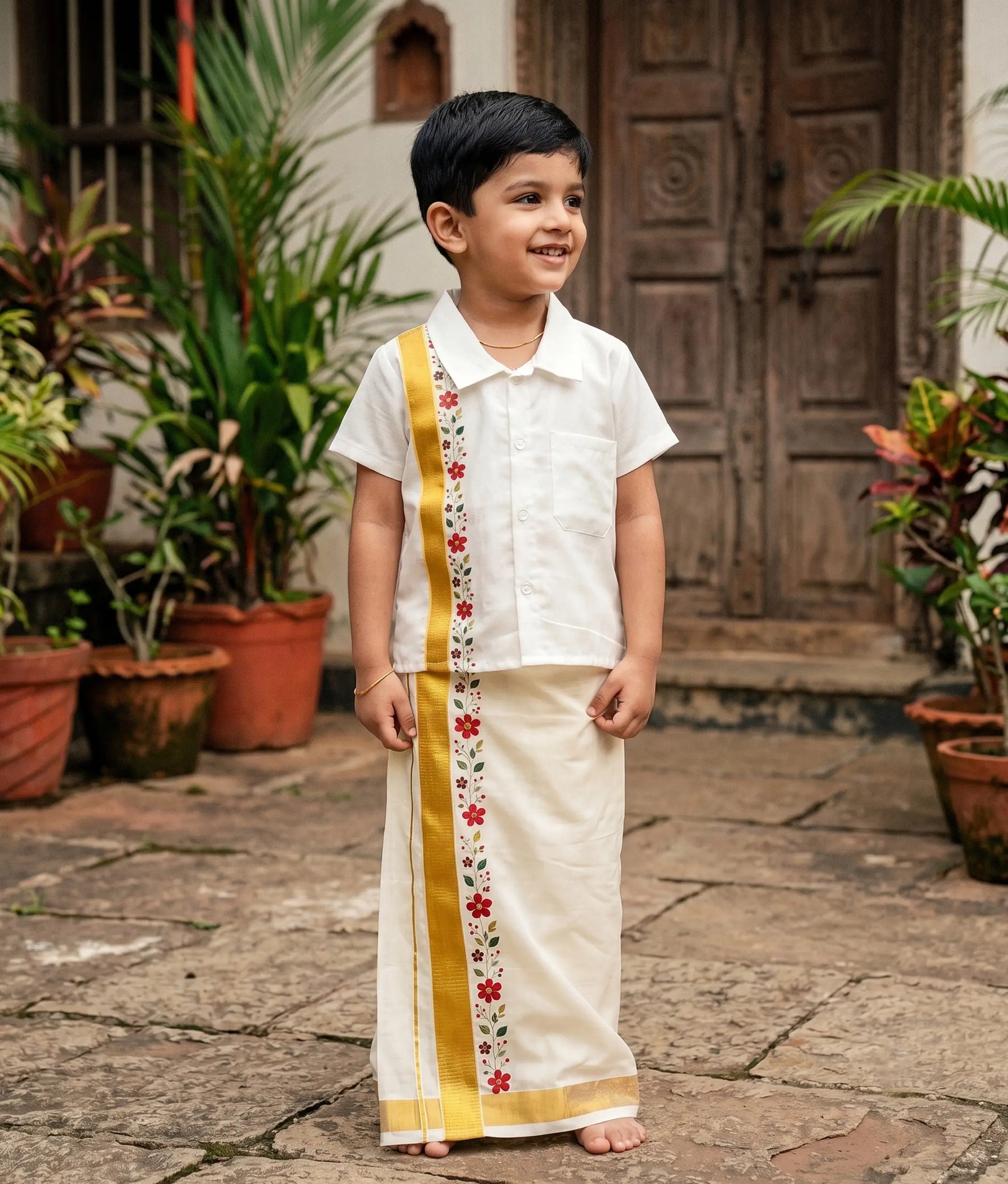 A young boy wearing an off-white cotton shirt and gold zari border mundu set with red floral vine print.