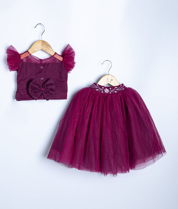Burgundy lace top and tulle skirt set for baby girl holiday parties and formal events