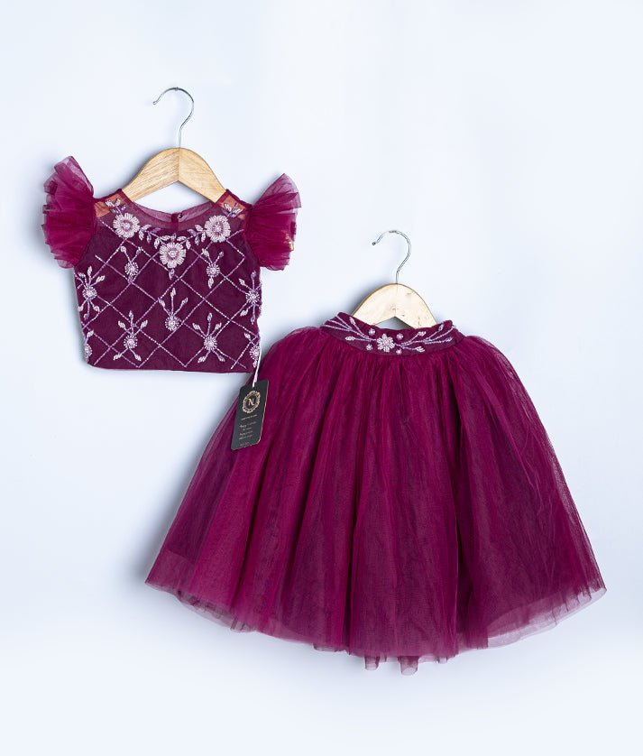 Burgundy two-piece dress set with lace cap sleeve top and tulle skirt for toddler girls special occasions