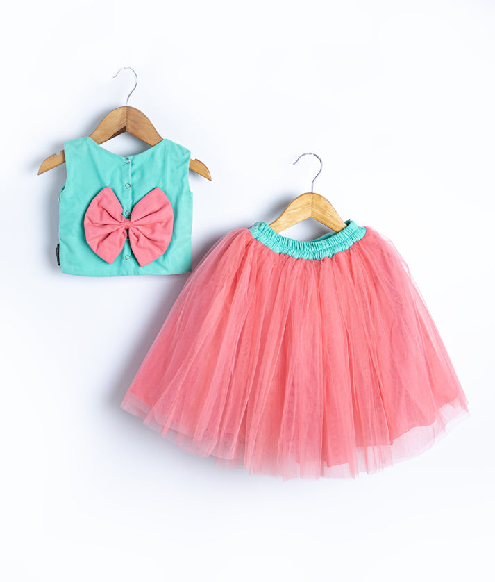 Full view of coral pink and turquoise swan theme party tulle skirt and top set for baby girl occasions