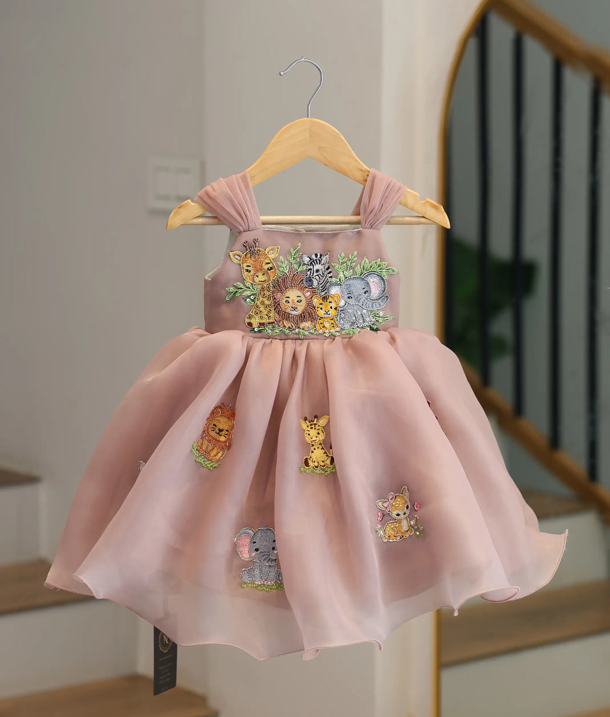 Front view of dusty rose safari theme handwork plain organza girls' frock