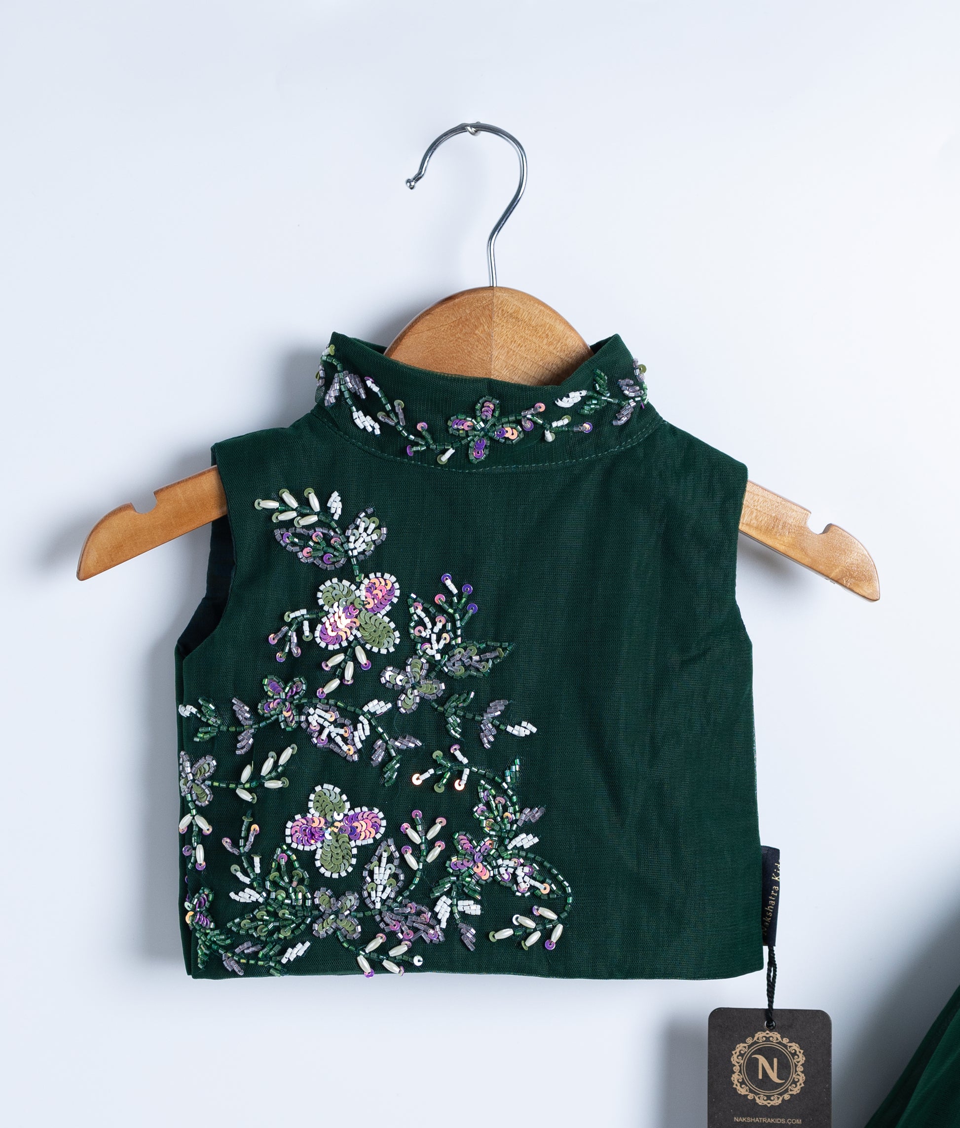 Emerald green sequin embroidered sleeveless top for toddler girl special occasion outfit