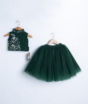 Emerald green two-piece dress with sequin embroidered top and tulle skirt for baby girls special occasions