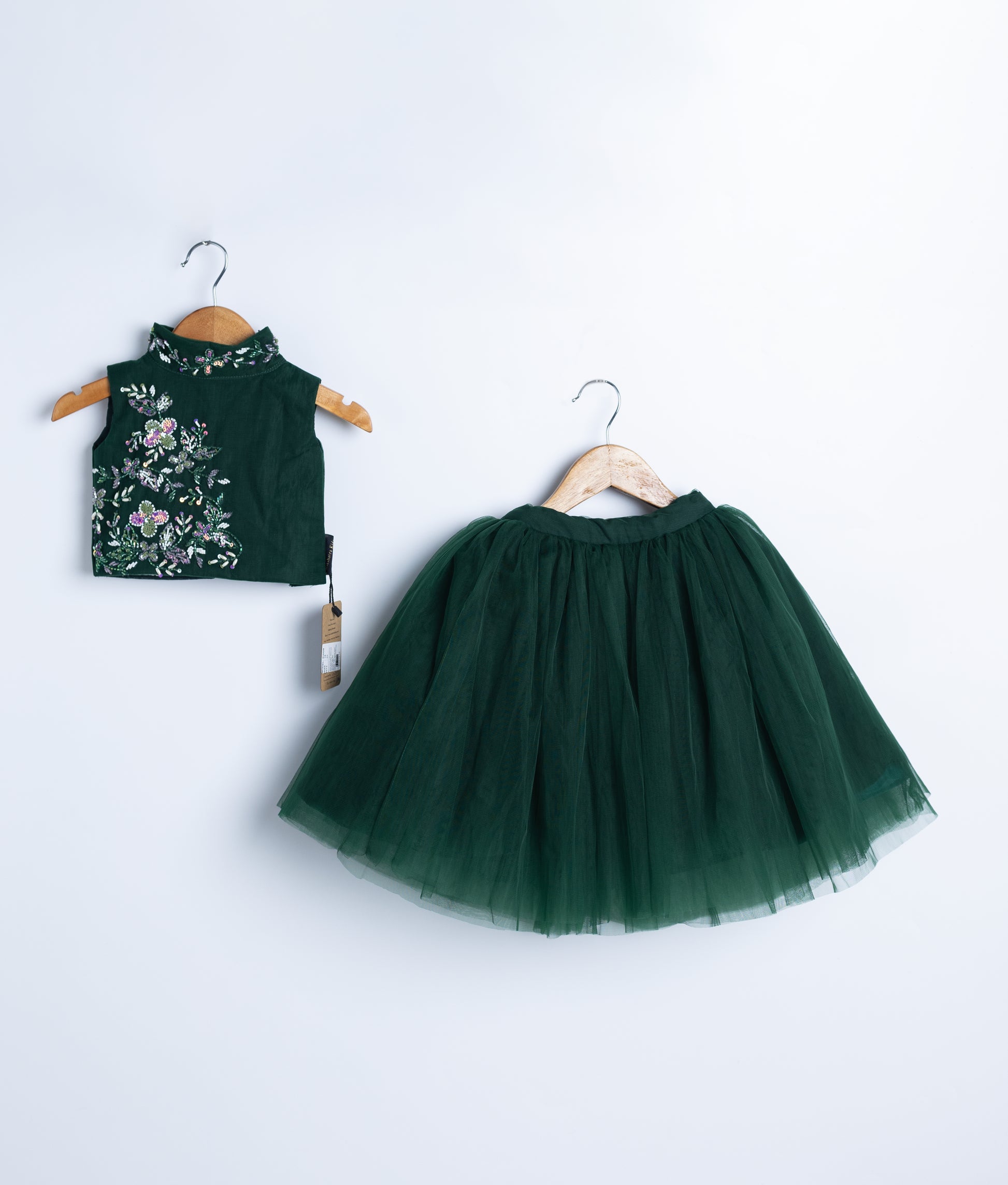 Emerald green two-piece dress with sequin embroidered top and tulle skirt for baby girls special occasions