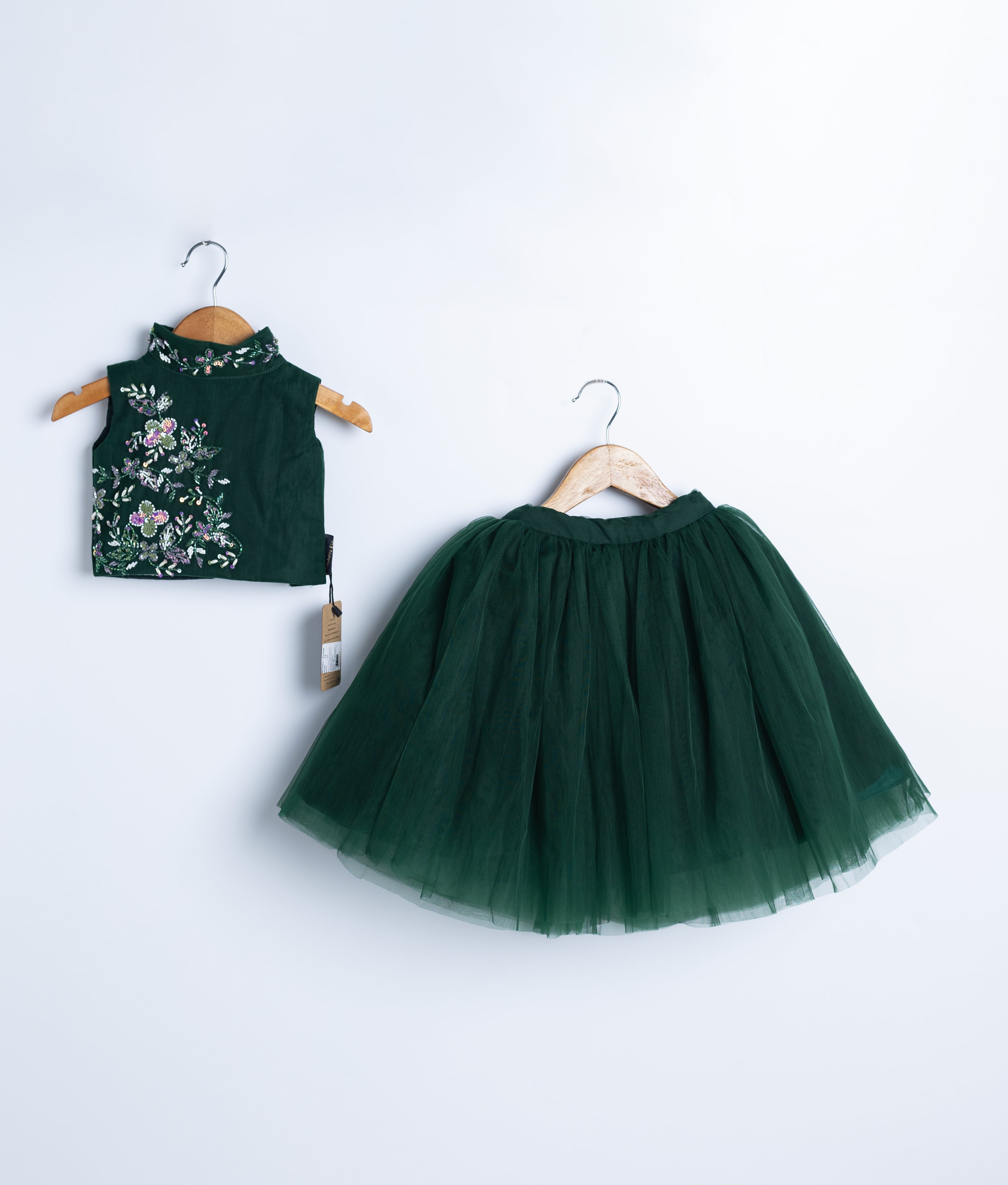 Emerald green two-piece dress with sequin embroidered top and tulle skirt for baby girls special occasions