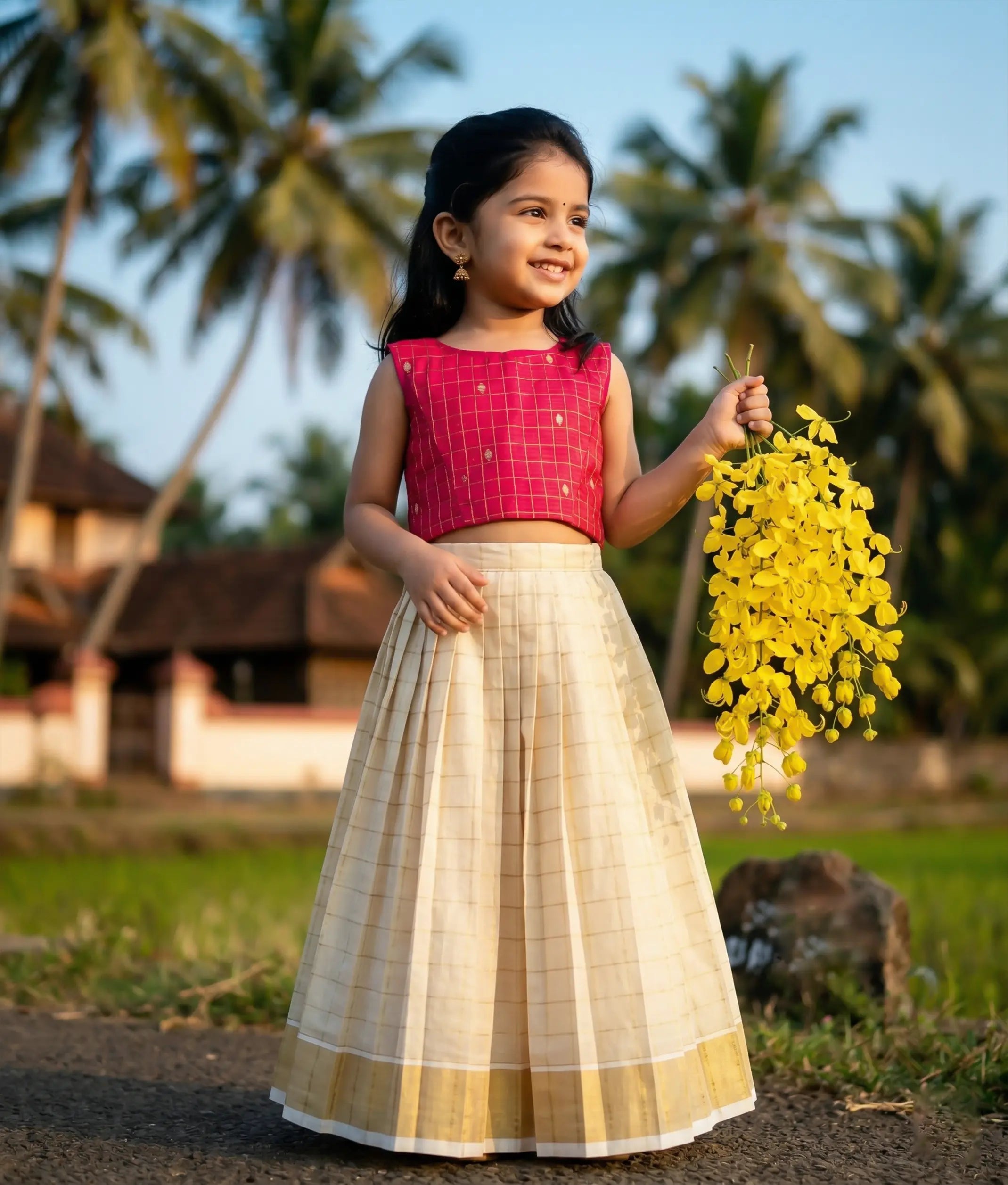 Baby girl wearing a traditional-style pink checked silk top with a kasavu checked frock.