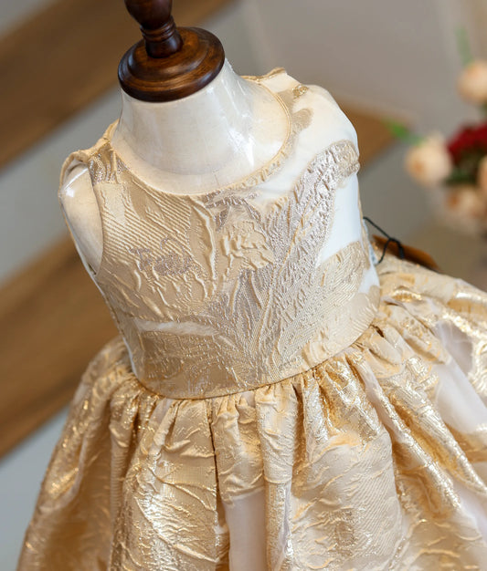 Close-up of the rich gold-toned floral pattern and round neck on the organza frock.