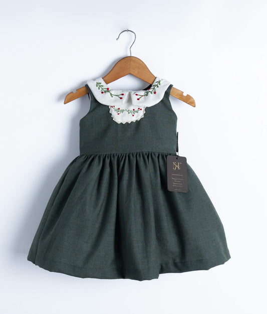 Green Linen sleeveless frock with an off-white embroidered Peter Pan collar.