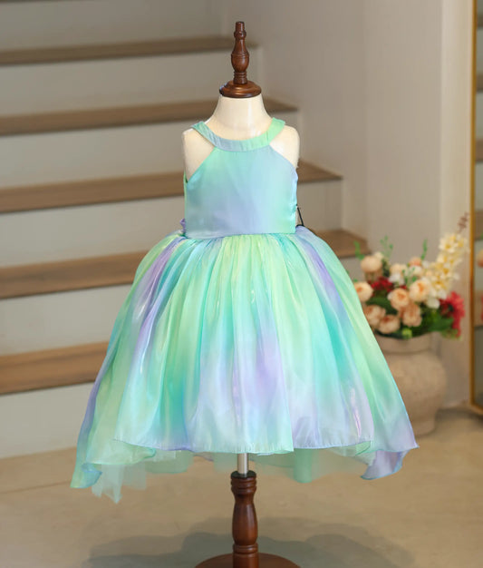 A frock in green and pink multishade colors with a halter neck and high-low hemline.