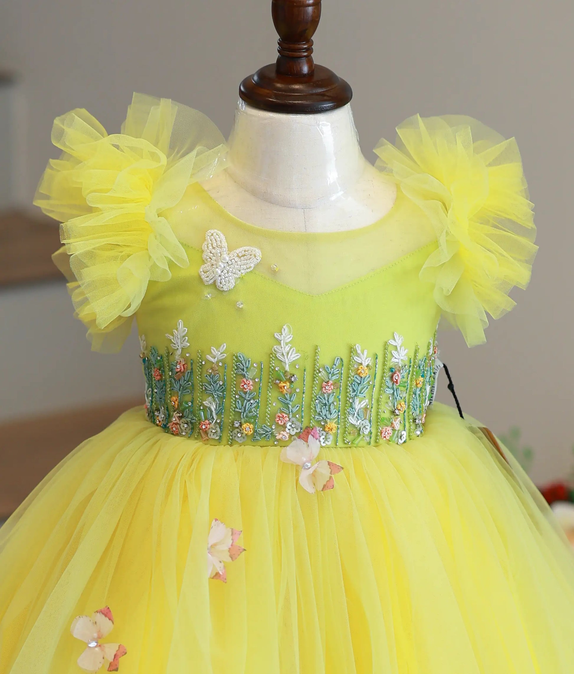 Close-up of the dress yoke showing the transparent neckline, intricate handwork, and floral embroidery details