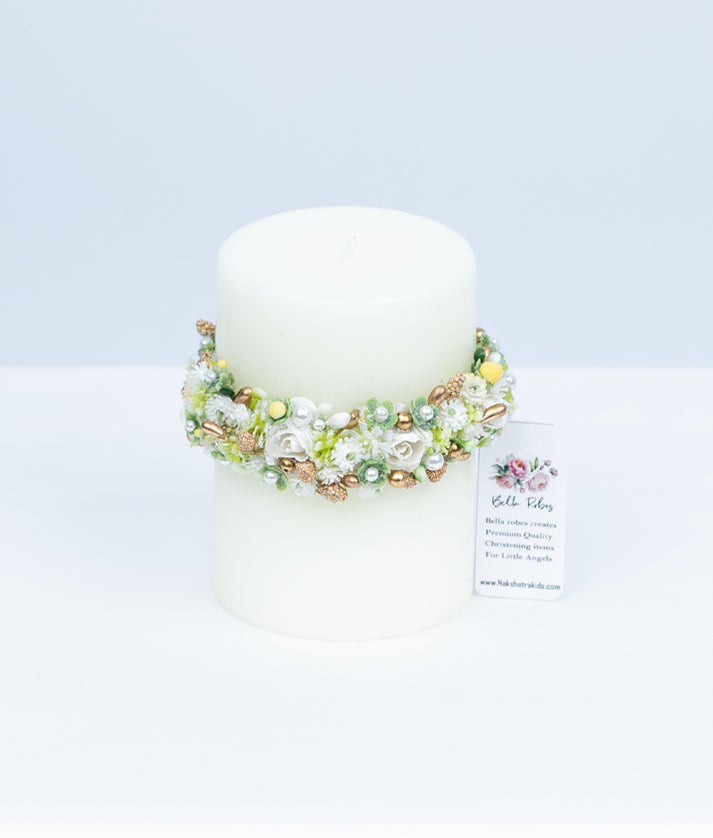 Elegant handcrafted baby baptism candle decorated with premium off-white lace, flowers, and pearl details.