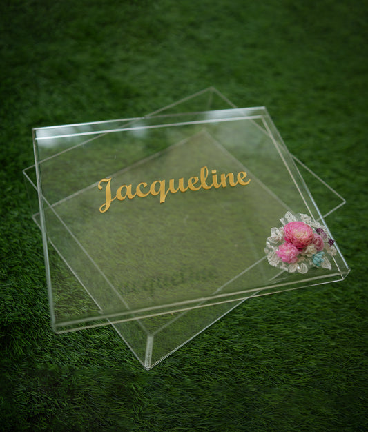 Premium handcrafted baptism ceremony box featuring elegant off-white fabric and floral lace decorations