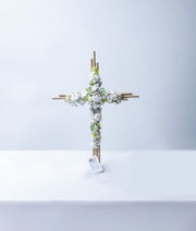 Handcrafted baptism cross for babies decorated with premium off-white lace, flowers, and pearl details.