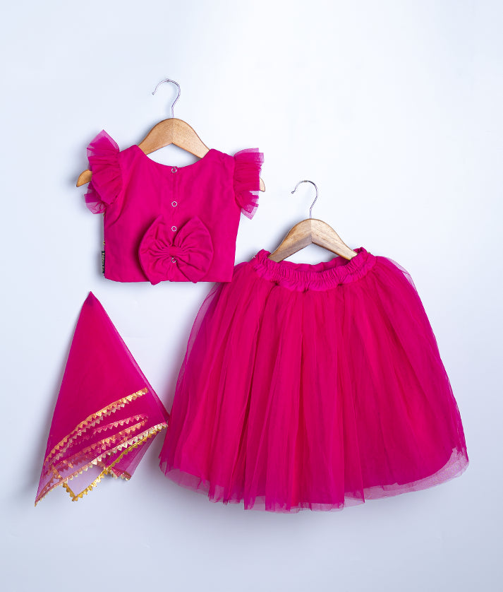 Hot pink traditional lehenga set with sequin work and tulle skirt for baby girl cultural celebrations
