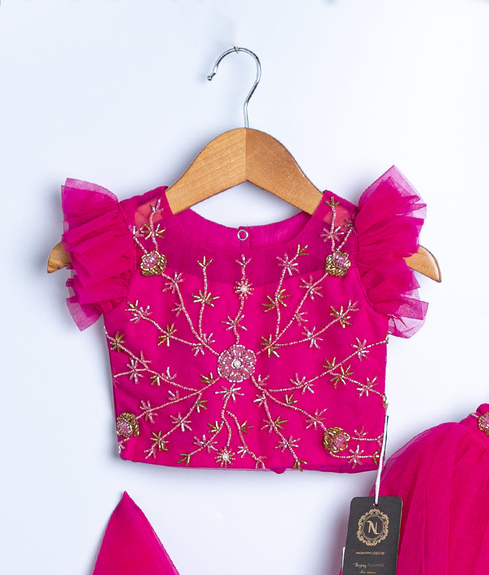Bright pink sequin embroidered choli top with cap sleeves for toddler girl traditional outfit