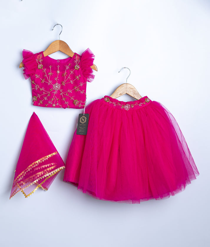 Hot pink traditional lehenga choli with sequin embroidered top and tulle skirt for baby girls special occasions