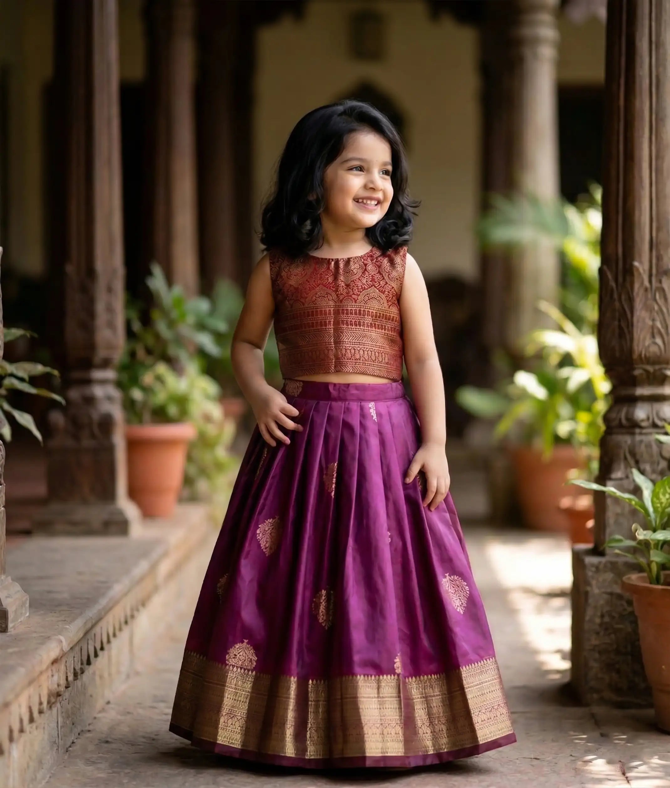 Baby girl wearing a traditional-style Kanchipuram skirt and top in maroon and grape wine colors.