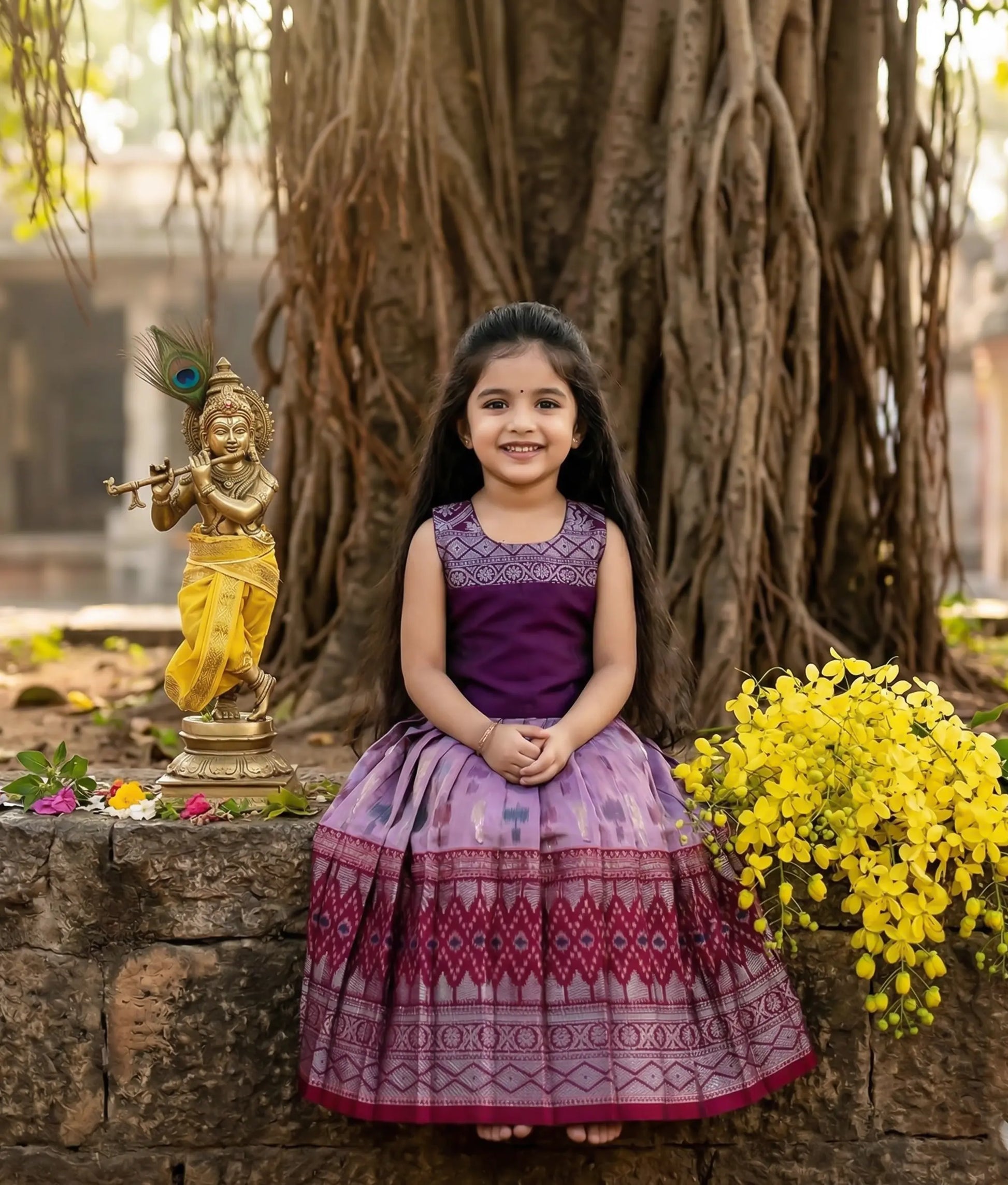 Baby girl wearing a traditional kanchipuram silk skirt and top in wine and onion-pink colors.