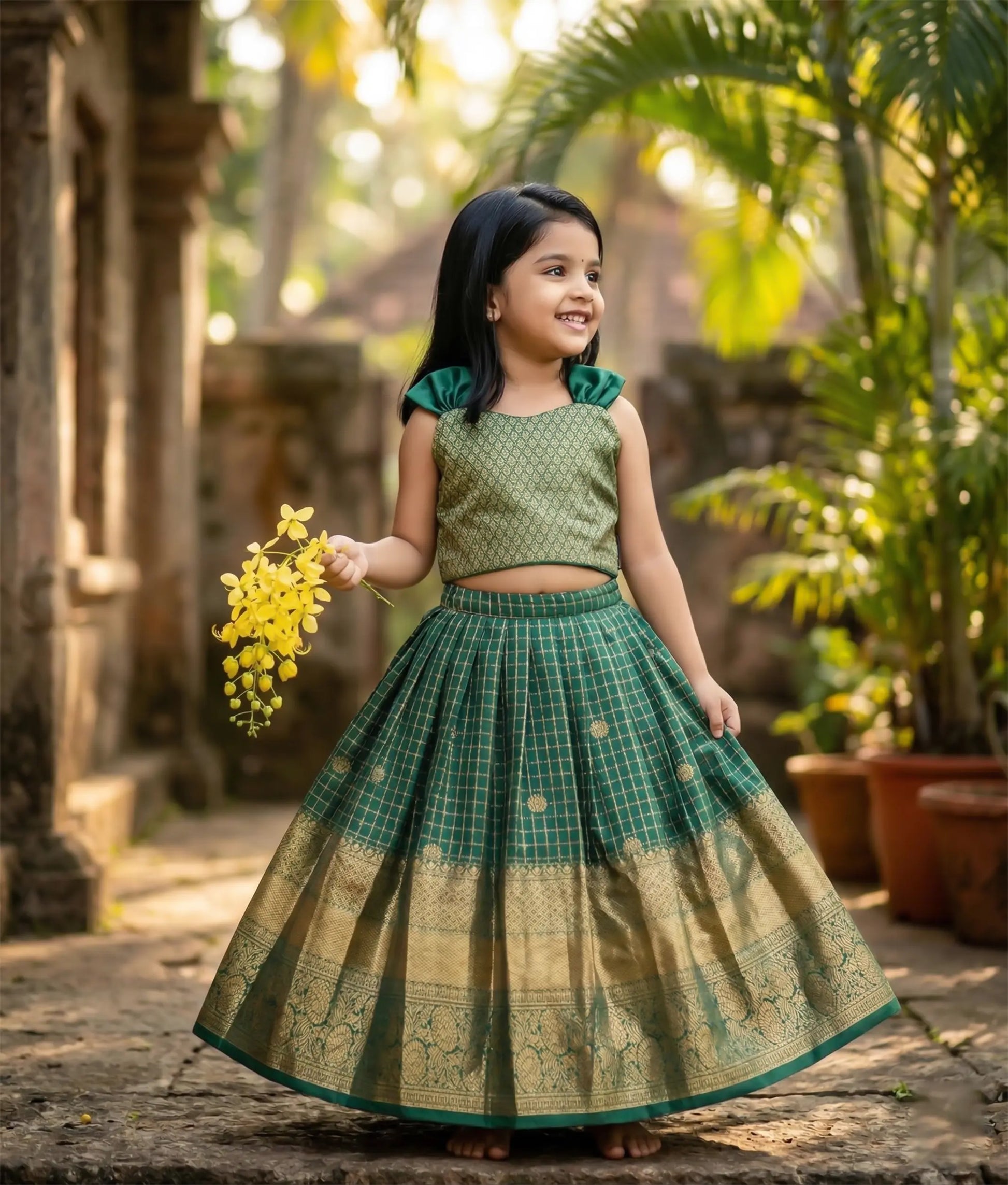 Baby girl wearing an ethnic emerald green skirt and top with a zari pattern in kanchipuram silk.