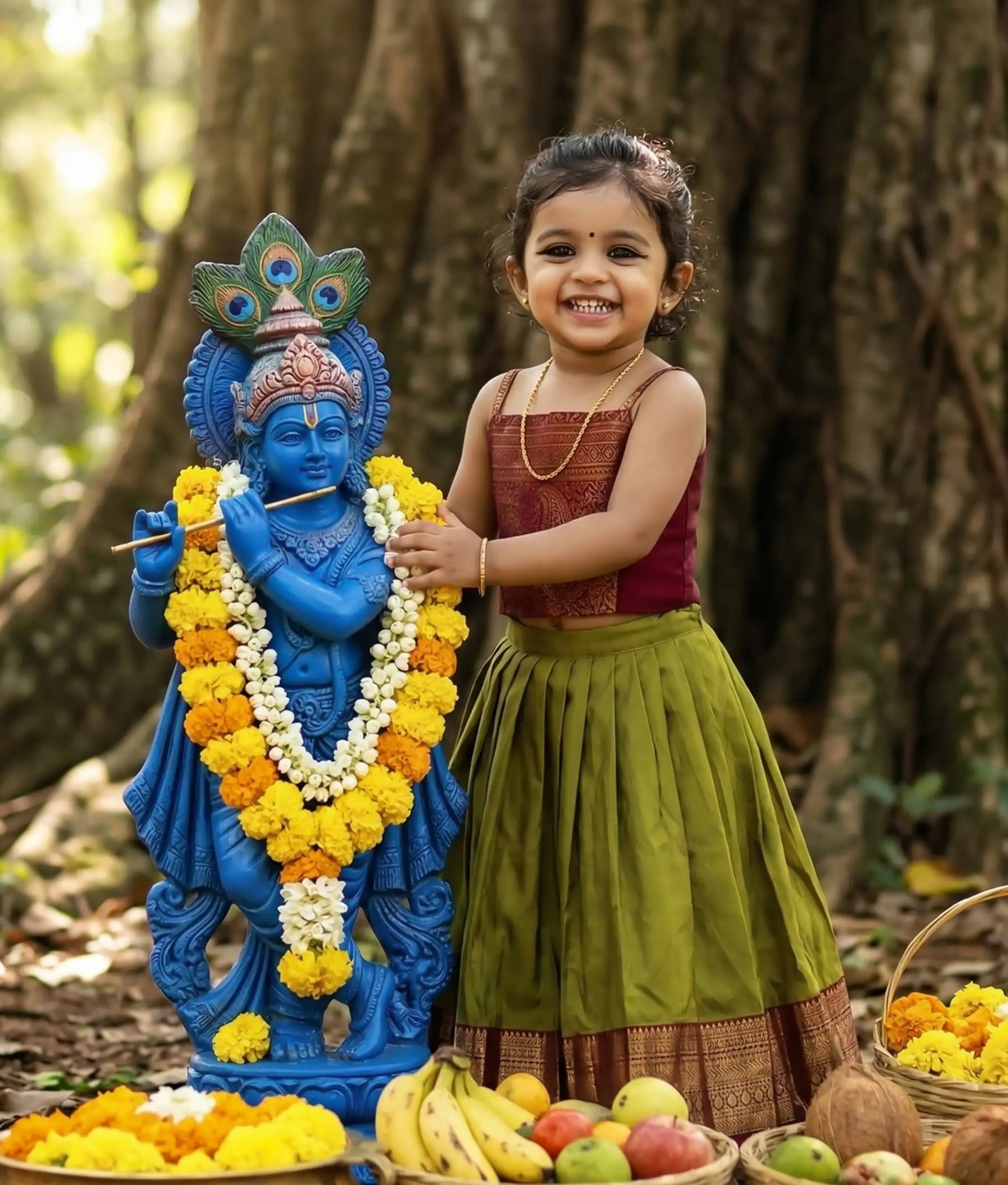 Baby girl wearing a traditional kanchipuram style skirt and top in maroon and green colors.