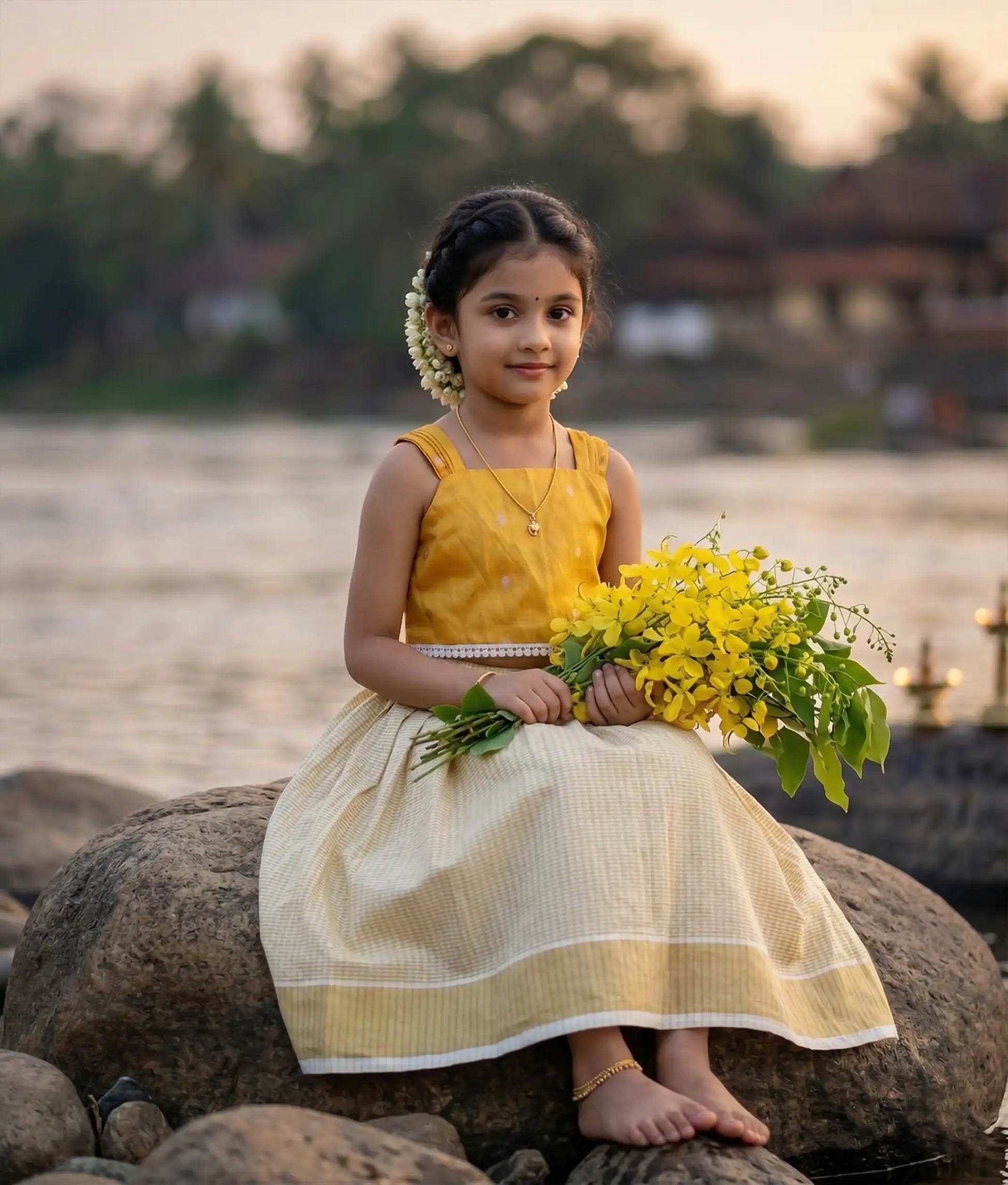 Baby girl wearing a traditional kasavu skirt and top for vishu.