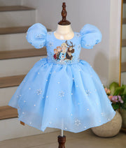 Frozen theme sky blue organza birthday frock for baby girl with hand embroidered characters, puff sleeves, pearl embellishments, and snowflake details front view.