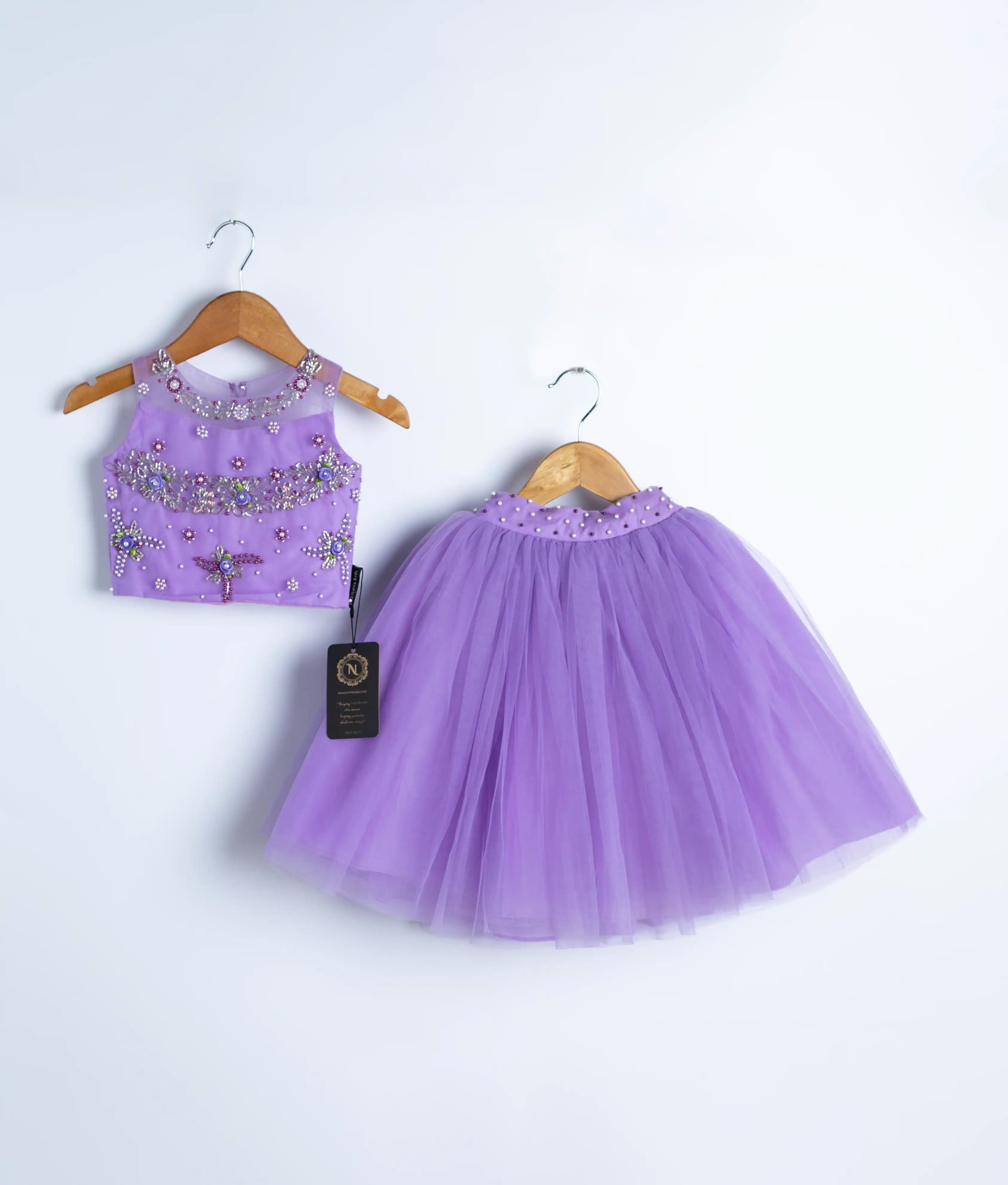 Lavender handmade baby girl skirt and top set with floral applique and tulle skirt