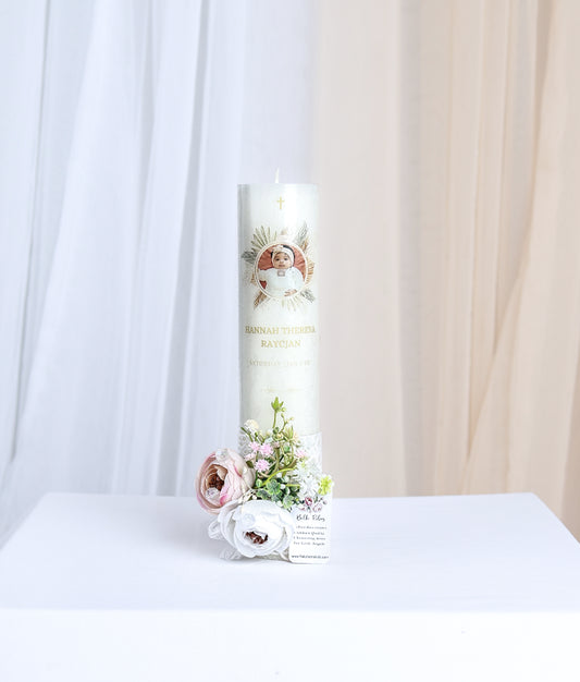 Nakshatra Kids style C25 graceful baptism candle, a premium handcrafted boutique accessory for baby naming ceremonies.