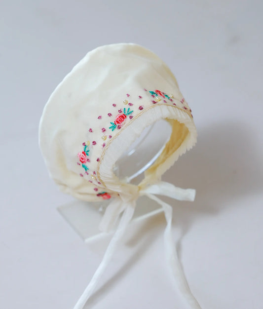 Nakshatra Kids style CP09 off-white baptism cap with hand-stitched detailing, ready for immediate shipping.