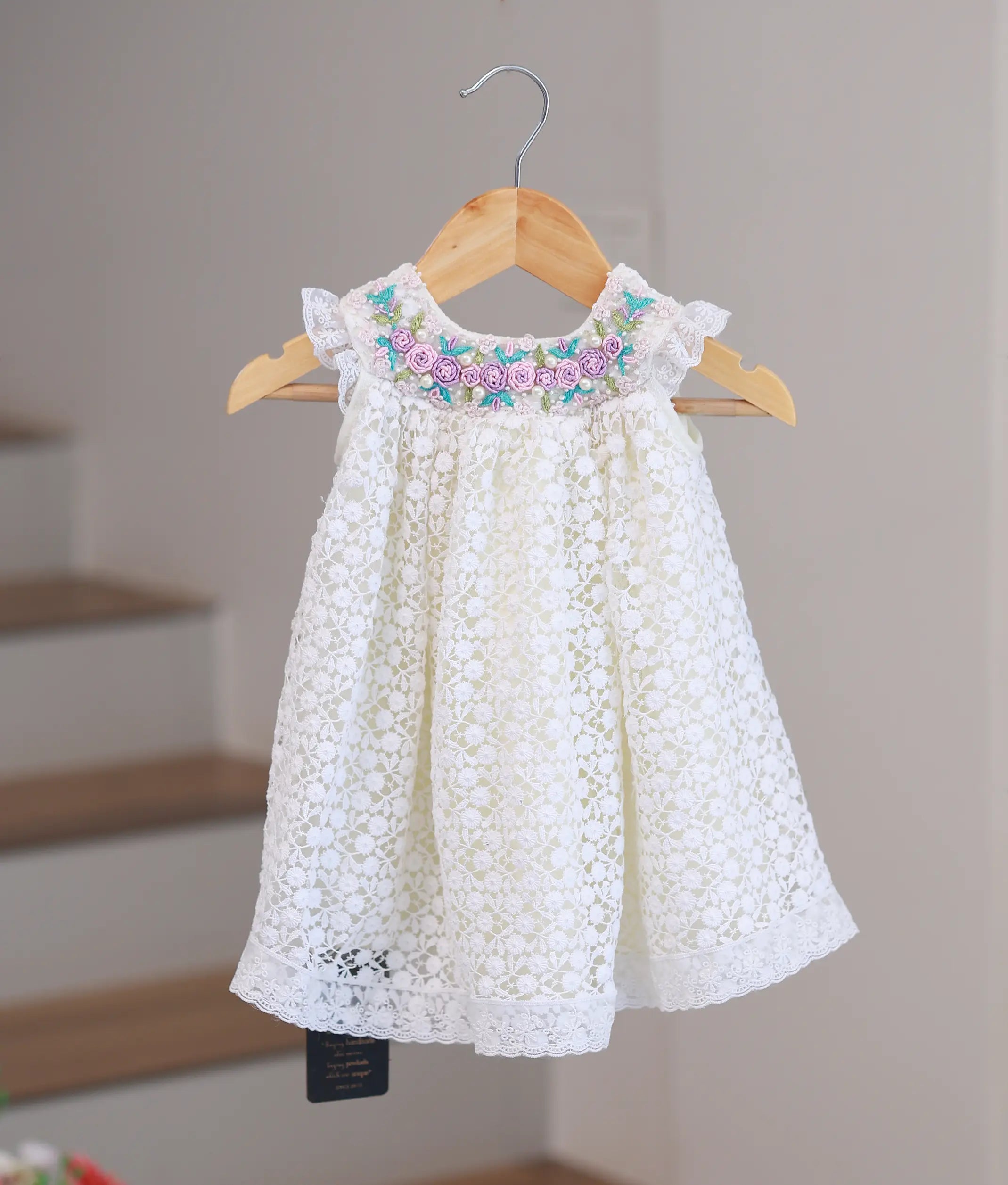 Off-white baptism frock for baby girl with intricate handwork