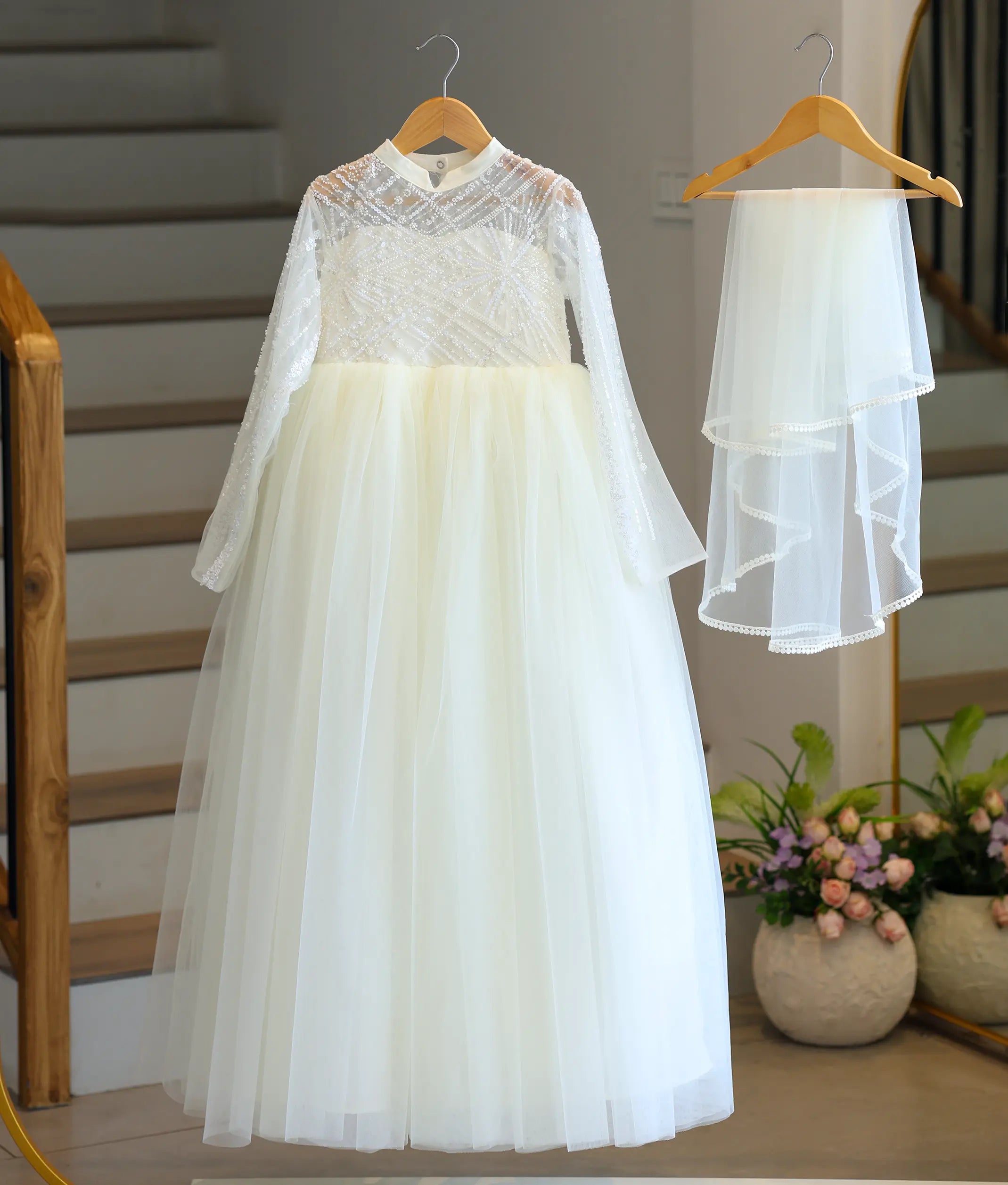 White Tulle Net and Work Material Holy Communion Gown