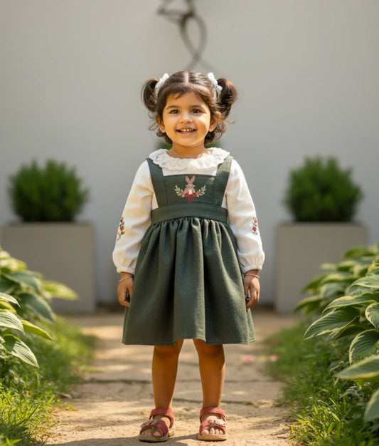 Off-white and green linen frock with long embroidered sleeves and lace trim for baby girls