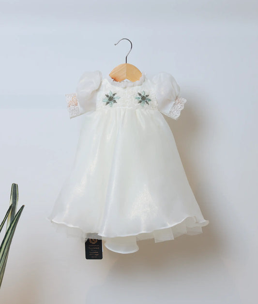 Off-white Plain Organza full-length baptism frock with floral handworked yoke and puff sleeves for baby girl.