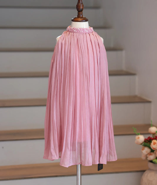 Front view of an onion-pink shimmer georgette frock with a micro-pleated bodice and high-neck collar.