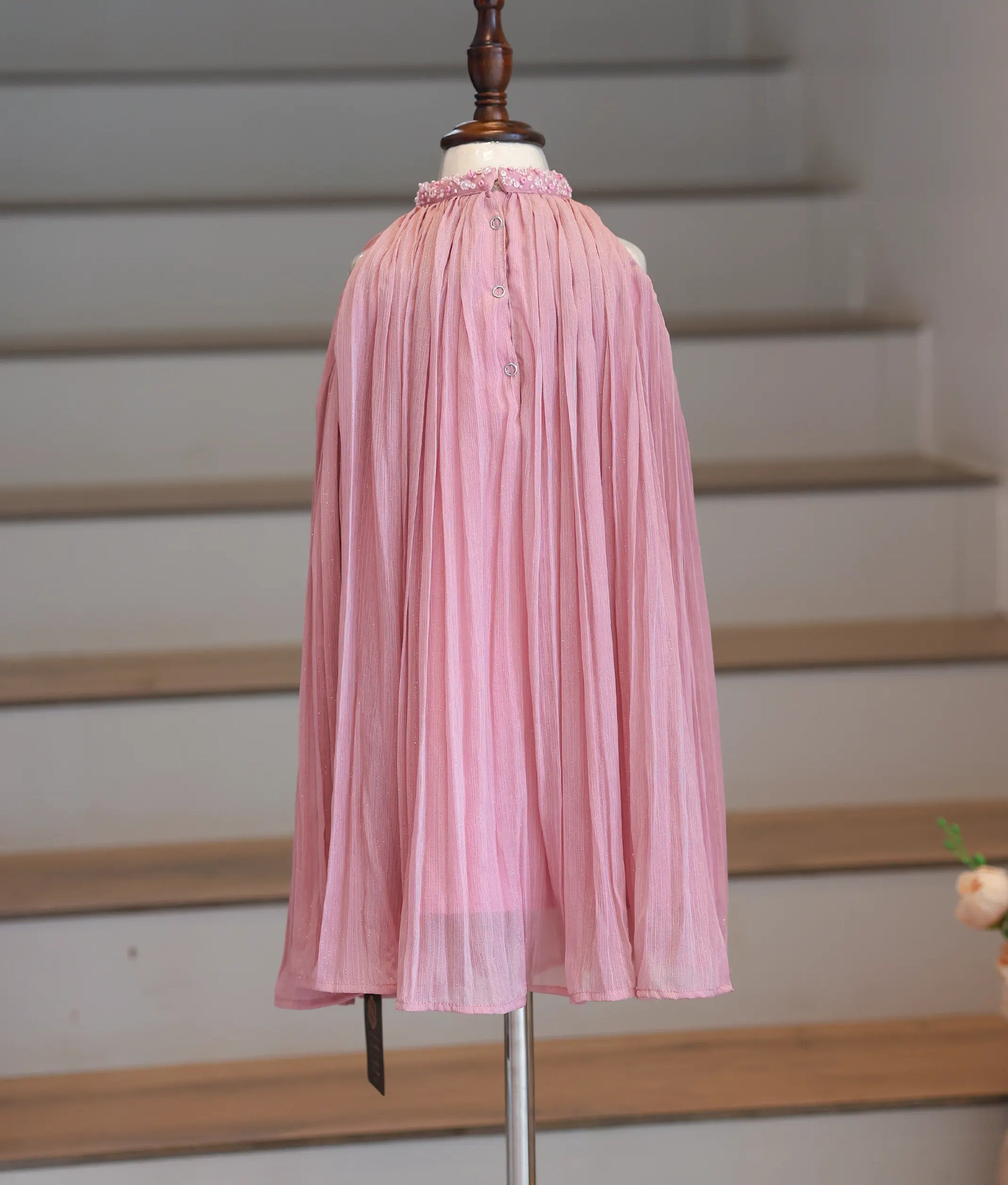 Back view of the onion-pink shimmer georgette frock showing the high-neck finish.