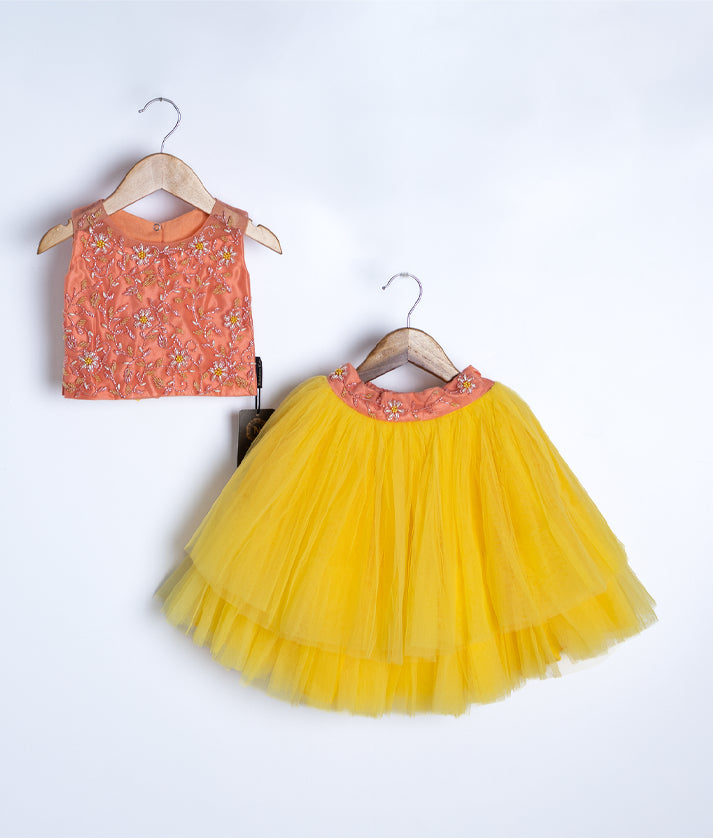 Orange and yellow baby girl dress with embroidered top and flared tulle skirt"