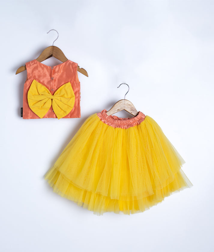 Two-piece orange and yellow baby dress set with top and skirt