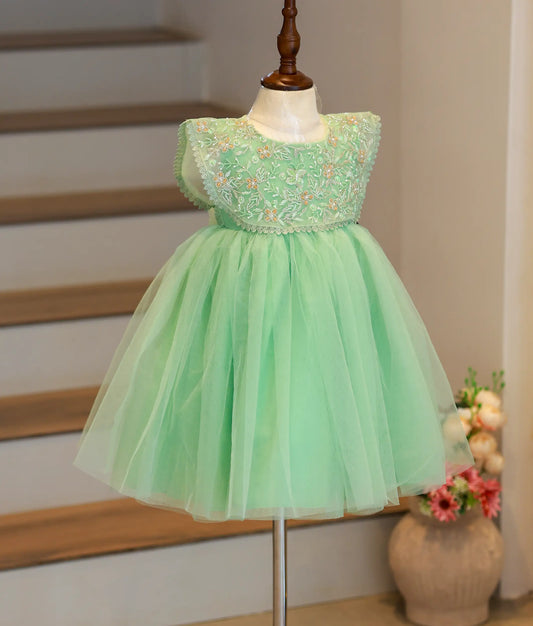 Front view of a pastel green tulle net party frock for girls featuring a hand-embroidered floral cape.