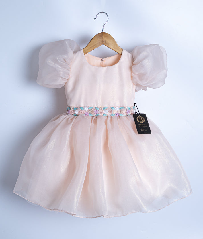 Front view of a pastel peach satin organza birthday frock for baby girls with floral embroidery and balloon sleeves