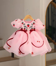 Front view of pastel pink strawberry theme handwork organza kid's frock with velvet ribbon ties.
