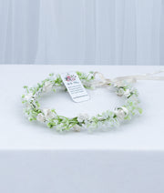 Delicate pastel shade floral baptism tiara for baby girls featuring handcrafted fabric blooms and a soft elastic band.