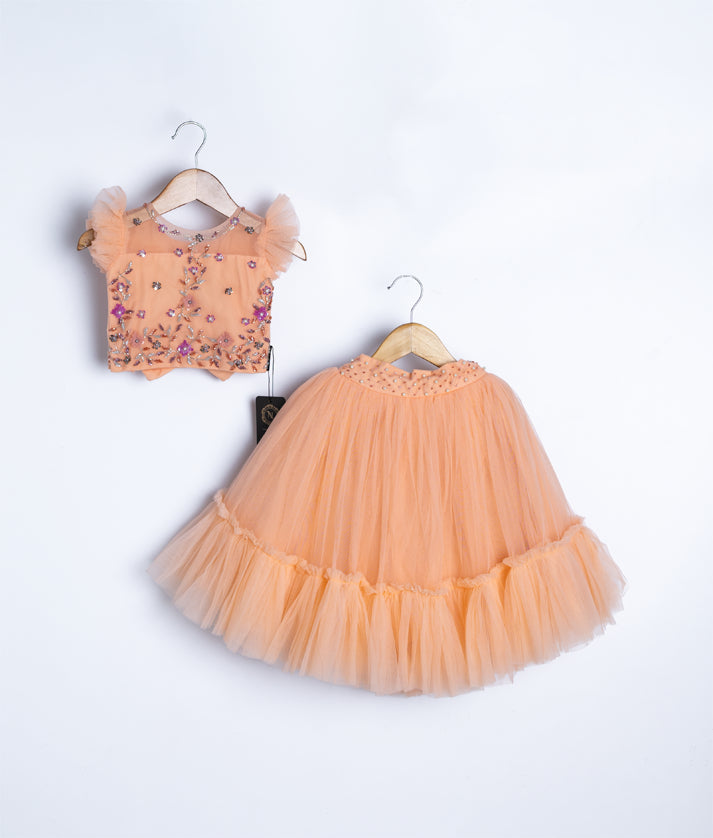 Peach baby girl dress with floral embroidered top and tulle skirt