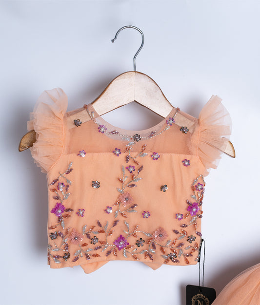 Close-up of peach baby dress top with floral embroidery and short sleeves