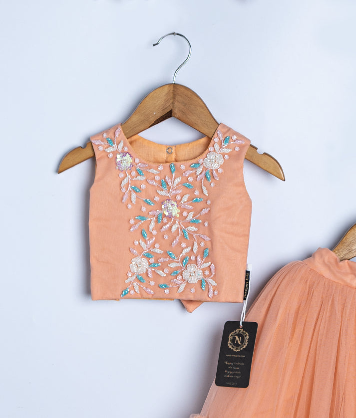 Coral sleeveless top with floral embroidery for toddler girl traditional outfit set