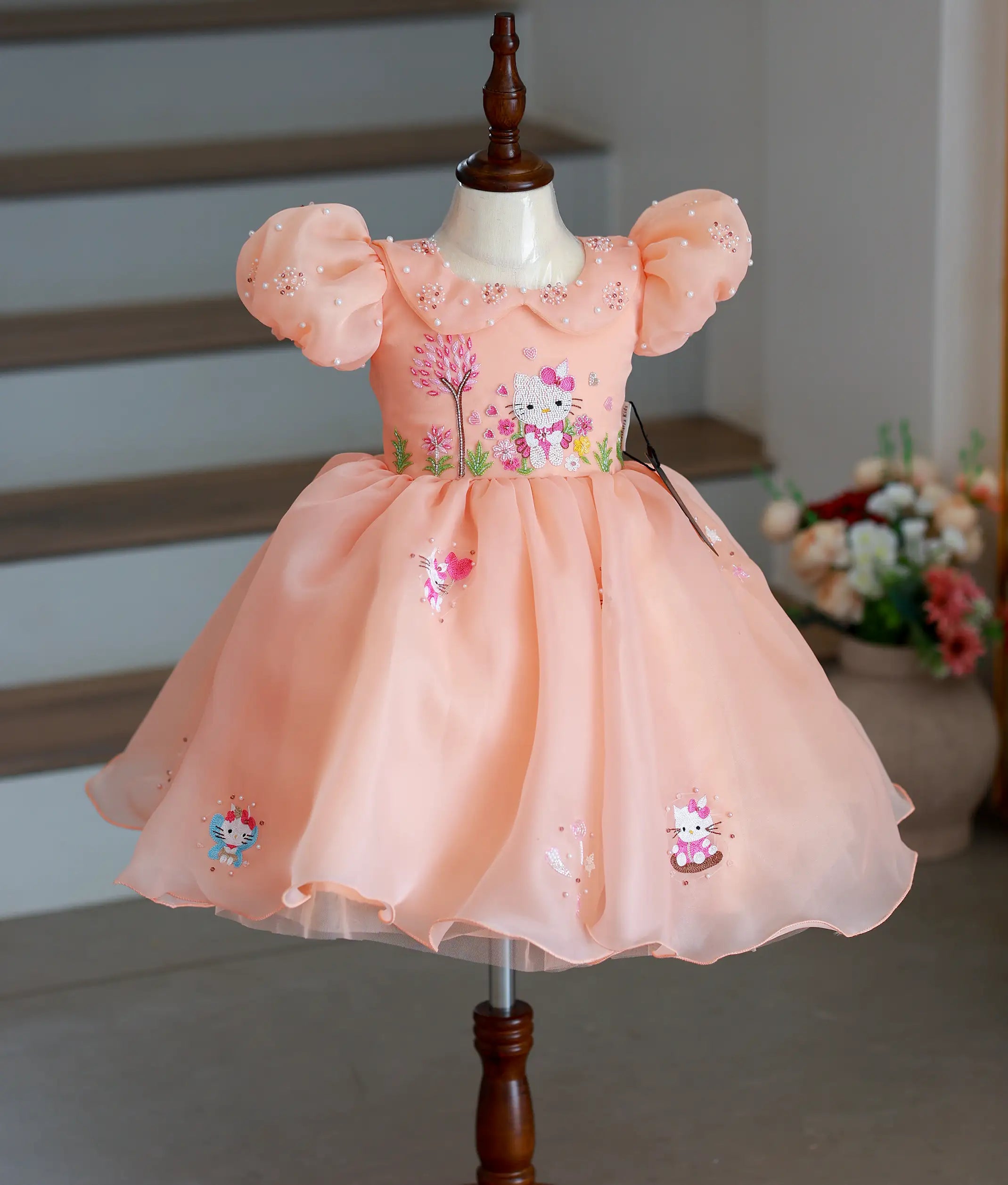 Front view of a peach organza Hello Kitty-themed frock with a handworked bodice and puff sleeves