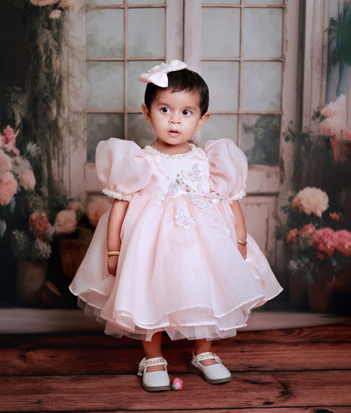 Front view of a peach organza butterfly theme birthday frock for baby girls with butterfly appliques and layered skirt
