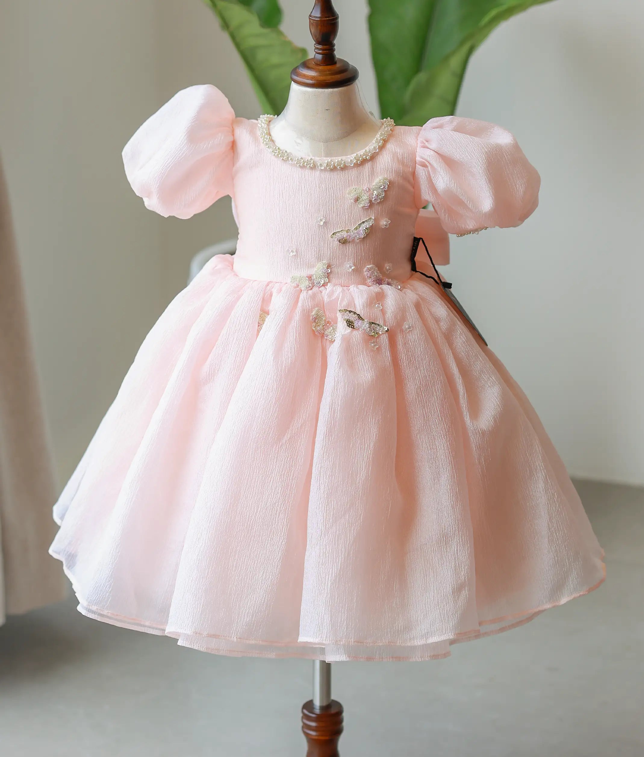 Front view of a peach organza butterfly theme birthday frock for baby girls with butterfly appliques