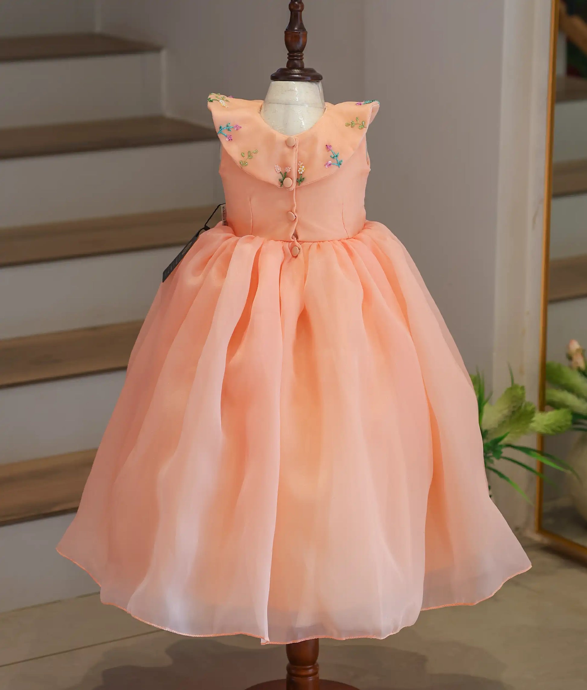 Back view of the peach frock showing the button closure and the drape of the Bertha collar.