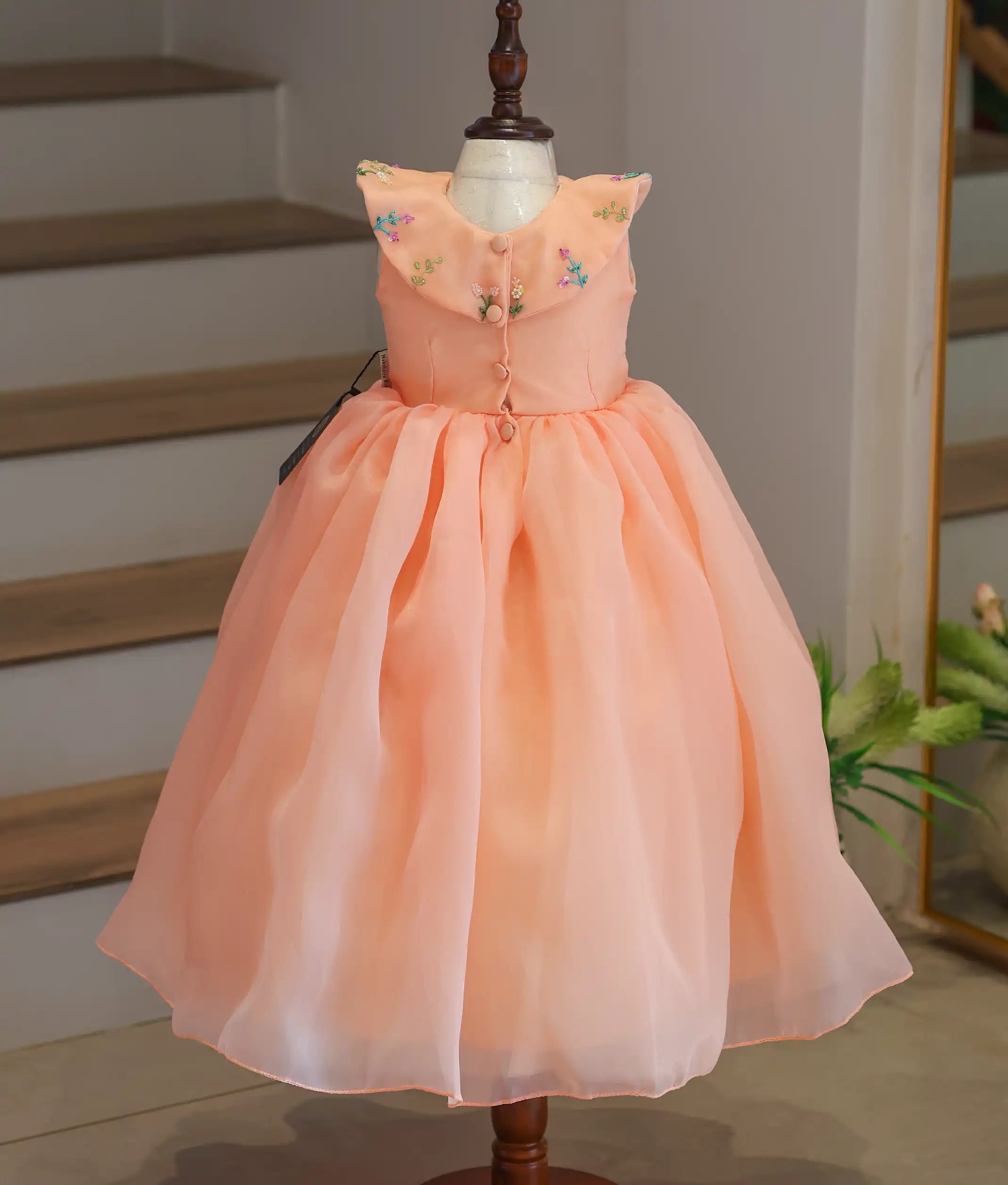 Back view of the peach frock showing the button closure and the drape of the Bertha collar.