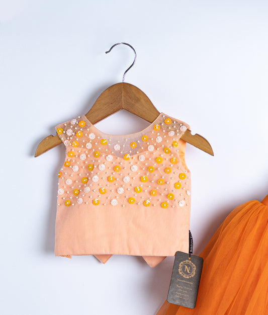 Close-up view of peach swan theme dress showing handmade applique work on bodice with puff sleeves and tulle skirt